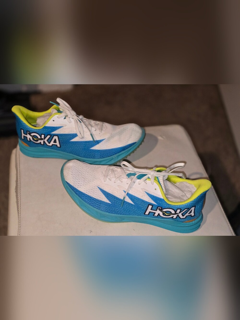 Hoka One One White, Blue & Neon Yellow Track Spikes